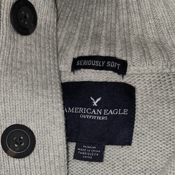 American Eagle Seriously Soft Gray Color Block 1/4 Button Mock Neck Sweater - Picture 4 of 6